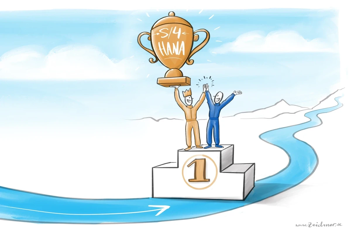 How to win you S/4HANA Rallye: Siegertreppchen, auf dem 1. Platz h&auml;lt ein K&ouml;nig (der Kunde) einen Pokal hoch, auf dem S/4HANA steht, daneben ein anderes M&auml;nnchen im Blaumann. | SPIRIT/21