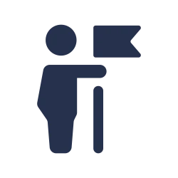 Blaues Icon mit einer stehenden Person, die eine Fahne h&auml;lt, smybolisiert die Entwicklungsm&ouml;glichkeiten bei SPIRIT/21 | SPIRIT/21