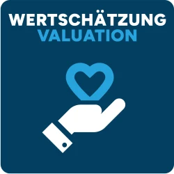 Quadratische Kachel mit den Schriftzug "Wertsch&auml;tzung" und "Valuation"; darunter ein Icon mit einer offenen Hand und einem Herz | SPIRIT/21