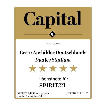Auszeichnung Beste Ausbilder Deutschlands; Duales Studium; H&ouml;chstnote: 5/5 Sternen; ausgezeichnet von Capital | SPIRIT/21
