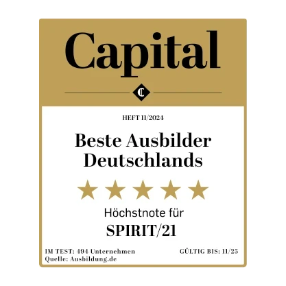 Auszeichnung Beste Ausbilder Deutschlands; H&ouml;chstnote: 5/5 Sternen; ausgezeichnet von Capital | SPIRIT/21