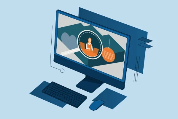 Ein KI-generierter Computer vor blauem Hintergrund mit einer Person in einer Lupe aus dem Display, welches Sellenbesetzung symbolisiert | SPIRIT/21