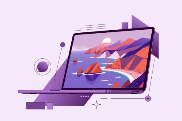 Ein KI-generierter LAptop vor lila Hintergund mit einer K&uuml;ste auf den Display, welche Big Sur symboliseren soll | SPIRIT/21