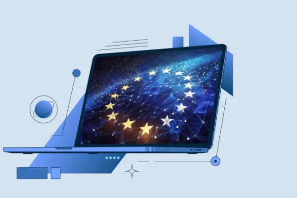 Digitale Flagge der Europ&auml;ischen Union, bestehend aus Sternen, die &uuml;ber ein Netzwerk dynamischer Datenpunkte leuchten und Konnektivit&auml;t und Einheit symbolisieren | SPIRIT/21