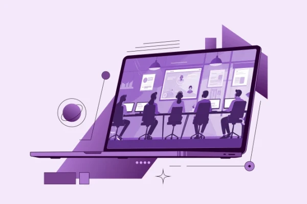 Laptop mit mehreren Personen am Tisch als Bild