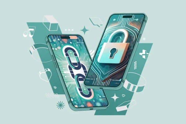 Zwei KI-genierte Smartphones mit einer einer Blockchain-Sicherheitskette und einem Vorh&auml;ngeschloss, welche IT-Sicherheit, Informationssicherheit und Cyber-Sicherheit symboliseren | SPIRIT/21