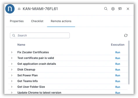 Anzeige von Remote-Aktionen f&uuml;r das Ger&auml;t &bdquo;KAN-MIAMI-76FL61&ldquo;. Nutzer k&ouml;nnen verschiedene Wartungs- und Diagnoseaufgaben wie Zertifikatspr&uuml;fung, Fehleranalyse oder Updates per Klick ausf&uuml;hren. | SPIRIT/21