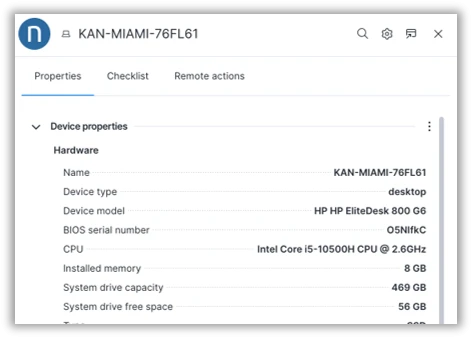 Ger&auml;teeigenschaften des &bdquo;KAN-MIAMI-76FL61&ldquo; mit Details zu Modell, CPU, Arbeitsspeicher, Speicherkapazit&auml;t und BIOS-Seriennummer. | SPIRIT/21