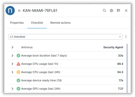 Checkliste f&uuml;r das Ger&auml;t &bdquo;KAN-MIAMI-76FL61&ldquo; mit Leistungsmetriken wie Boot-Dauer, CPU- und GPU-Auslastung sowie Ger&auml;tebereitschaft. Farbige Symbole zeigen den Status der jeweiligen Kennzahlen. | SPIRIT/21