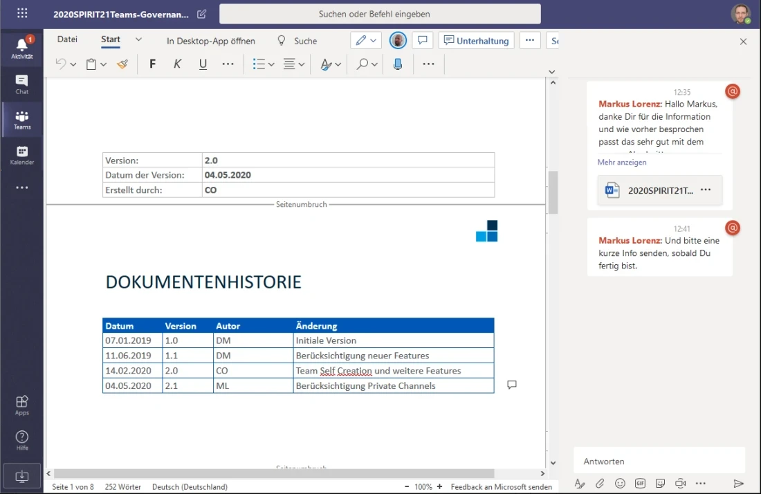 Gemeinsame Bearbeitung eines Word-Dokumentes in der Registerkarte Datei inkl. zugeh&ouml;rigem Chat, Informationen &uuml;ber die parallelen Bearbeiter sowie Markierung der bearbeiteten Abschnitte. | SPIRIT/21