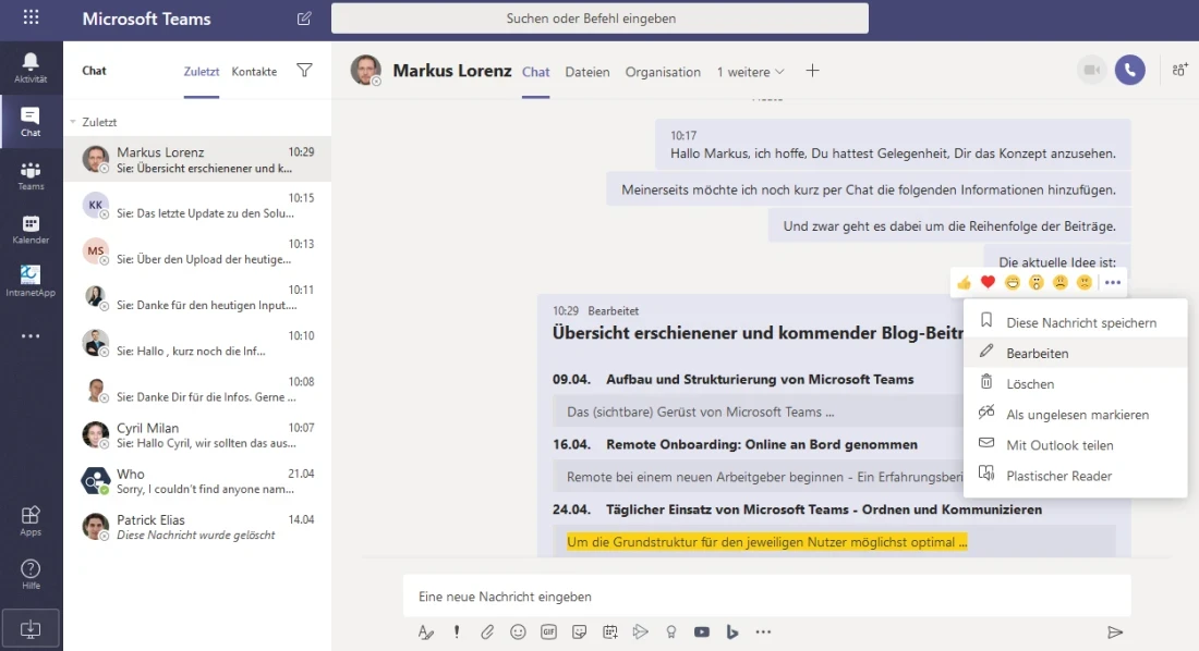 Der Chat: Das separate Fenster erm&ouml;glicht nun uneingeschr&auml;nkte parallele Navigation in Teams | SPIRIT/21