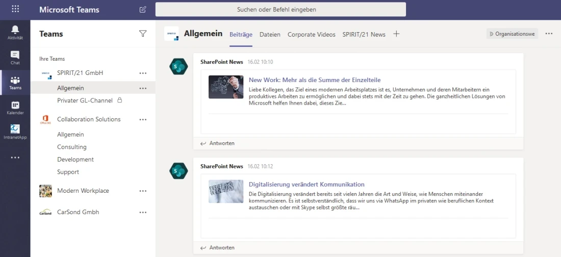 Der typische Aufbau von Microsoft Teams mit seinen einzelnen Teams, Kan&auml;len und Registerkarten