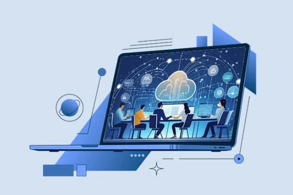 Ein Laptop, auf dem ein futuristischer Tisch mit arbeitenden Menschen abgebildet ist und Datenstr&ouml;me, die in eine Wolke gehen