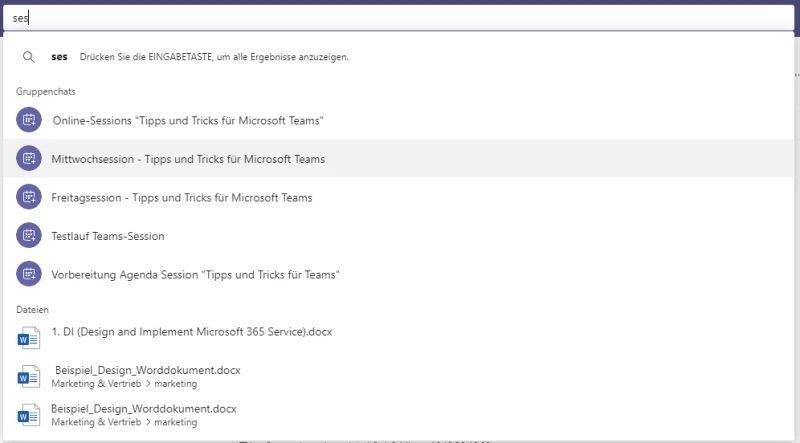 Screenshot Microsoft Teams: Ranking und Darstellung der Ergebnisse w&auml;hrend der Sucheingabe   | SPIRIT/21