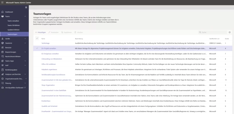 Screenshot Microsoft Teams: &Uuml;bersicht der vorhandenen Teamvorlage im Admin Center sowie die M&ouml;glichkeit, eigene Vorlagen zu erstellen. | SPIRIT/21