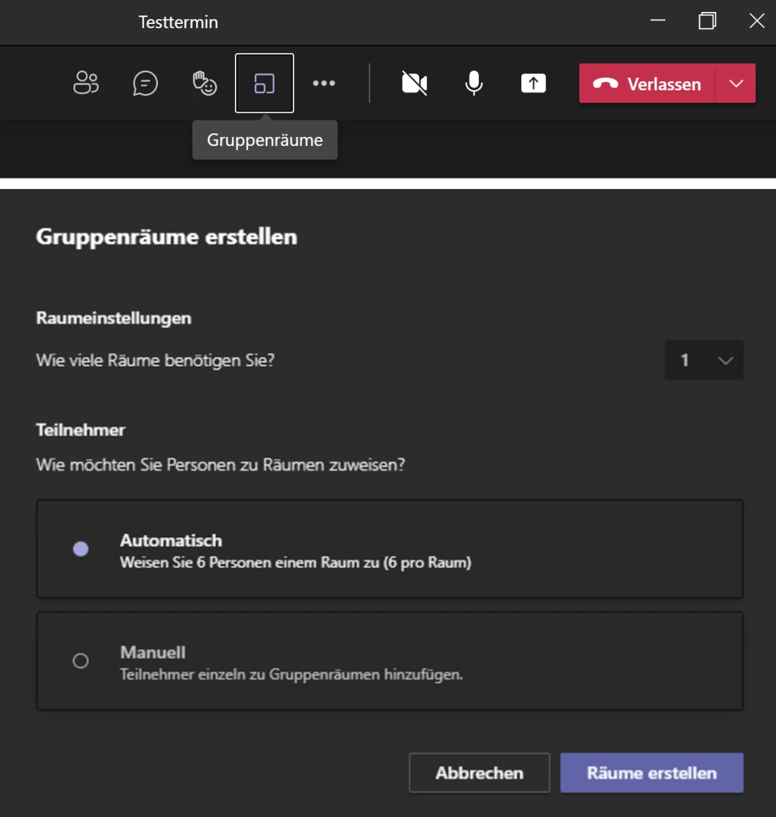 Screenshot Microsoft Teams: Oben: Mit der Schaltfl&auml;che "Gruppenr&auml;ume" geht es los. Unten: Anschlie&szlig;end wird bei "Gruppenr&auml;ume erstellen" die Raumanzahl und Verteilungsart abgefragt | SPIRIT/21