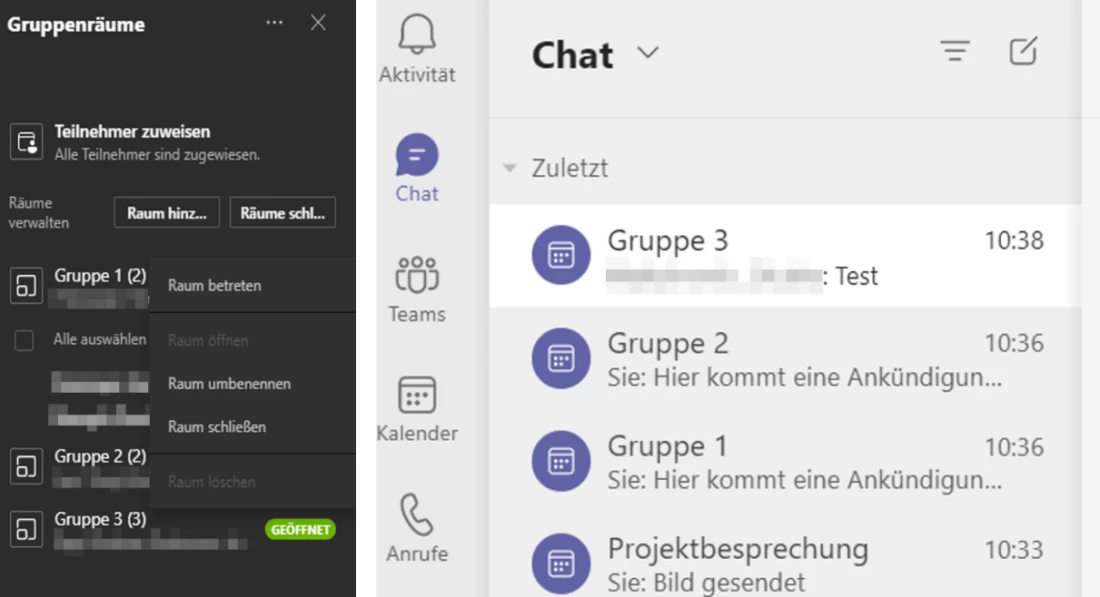 Screenhsot Microsoft Teams: Links: Die R&auml;ume einer gestarteten Gruppenraum-Session k&ouml;nnen durch den Organisatoren einzelnen betreten werden. Rechts: Nach Abschluss eines Meetings stehen die Gruppenr&auml;ume den Teilnehmer'innen zur Verf&uuml;gung. Nur als Organisator'in sieht man (wie in diesem Beispiel) alle R&auml;ume. | SPIRIT/21
