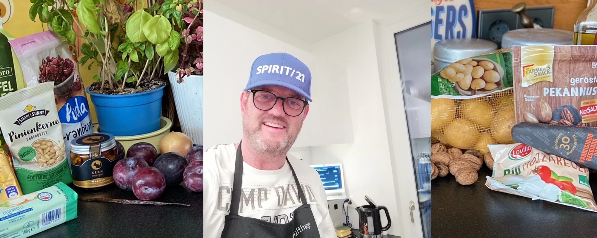 Links: Die Zutaten f&uuml;r das virtuelle Koch Event bei SPIRIT/21; Mitte: Selfie eines SPIRIT/21 Mitarbeiters mit eine SPIRIT/21 Cap; Rechts: Weitere Zutaten | SPIRIT/21