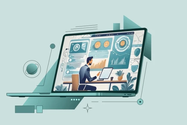 Laptop, in dem eine Grafik zu sehen ist. Die Grafik zeigt einen Gesch&auml;ftsmann vor einem Dashboard mit vielen Metriken