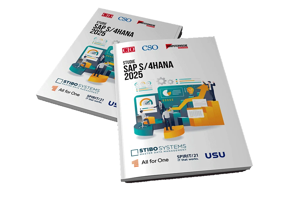 Cover der Studie &bdquo;SAP S/4HANA 2025&ldquo; mit abstrakter Illustration einer digitalen Arbeitsumgebung; Logos der Herausgeber CIO, CSO und COMPUTERWOCHE sowie Sponsoren STIBO Systems, All for One, SPIRIT/21 und USU. | SPIRIT/21