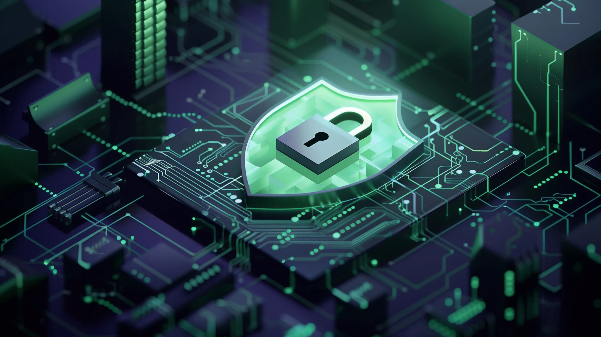 Digitales Sicherheitssymbol in Form eines gr&uuml;nen Schildes mit Vorh&auml;ngeschloss auf einer abstrakten Leiterplattenstruktur &ndash; Symbol f&uuml;r Cyber Security und Zero Trust. | SPIRIT/21