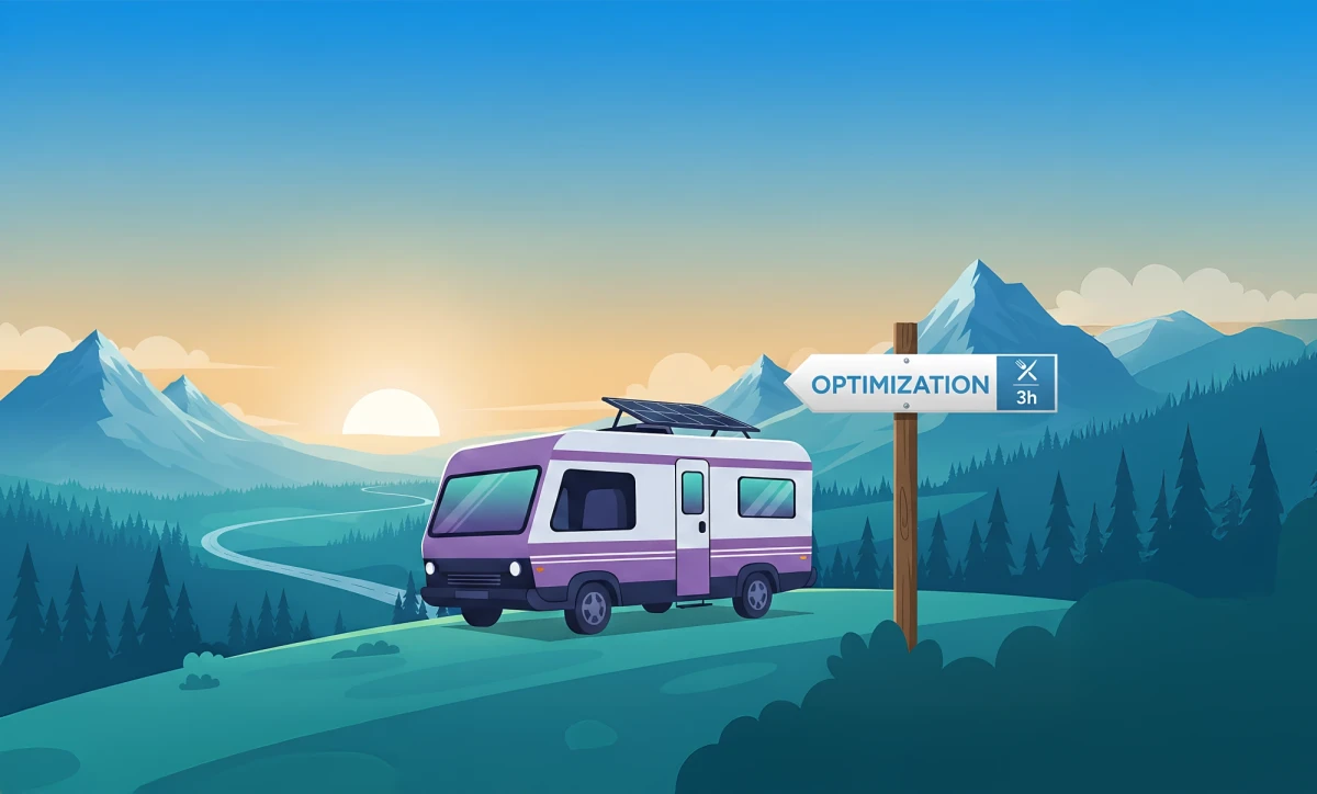 Ein lilafarbenes Wohnmobil mit Solarpanel steht in einer Berglandschaft bei Sonnenaufgang neben einem Schild mit der Aufschrift 'Optimization'. | SPIRIT/21