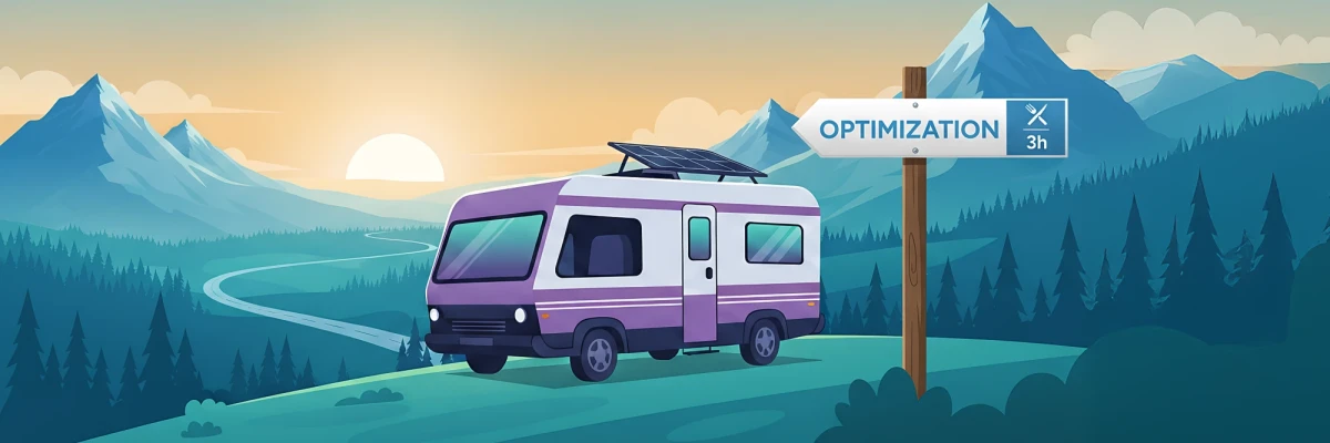 Ein lilafarbenes Wohnmobil mit Solarpanel steht in einer Berglandschaft bei Sonnenaufgang neben einem Schild mit der Aufschrift 'Optimization'. | SPIRIT/21