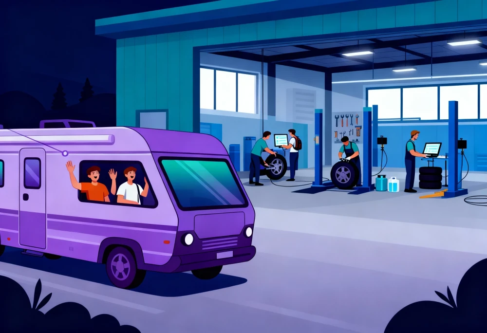 Zwei Personen winken fr&ouml;hlich aus einem lilafarbenen Wohnmobil, w&auml;hrend in der Werkstatt Mechaniker Reifen pr&uuml;fen und reparieren. | SPIRIT/21