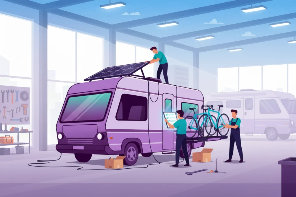 Techniker r&uuml;sten ein lilafarbenes Wohnmobil in einer Werkstatt aus, montieren Solarpanels und Fahrr&auml;der, um den Camper zu optimieren. | SPIRIT/21