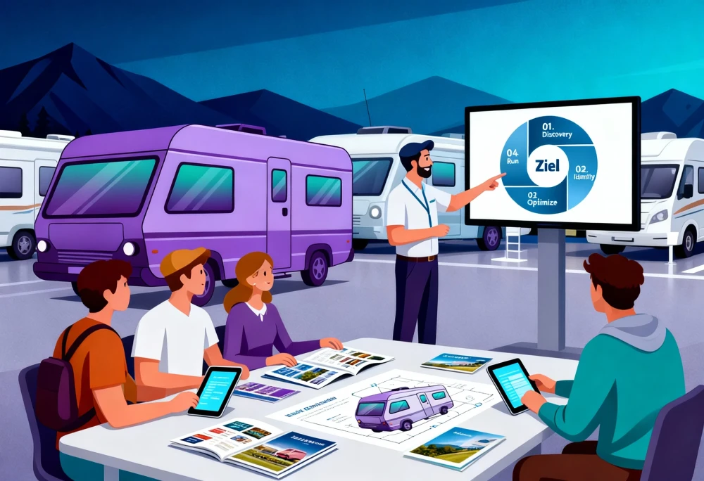 Eine Gruppe junger Menschen sitzt auf einem Campingplatz an einem Tisch, w&auml;hrend ein Mann eine Pr&auml;sentation mit einem Ziel- und Optimierungsdiagramm vor einem Wohnmobil erkl&auml;rt. | SPIRIT/21
