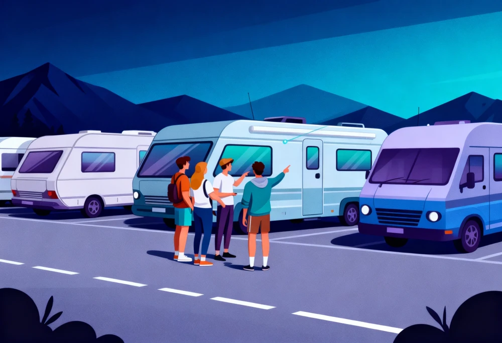 Eine Gruppe junger Menschen steht auf einem Parkplatz mit mehreren Wohnmobilen und diskutiert bei Abendstimmung &uuml;ber die Auswahl ihres Fahrzeugs. | SPIRIT/21