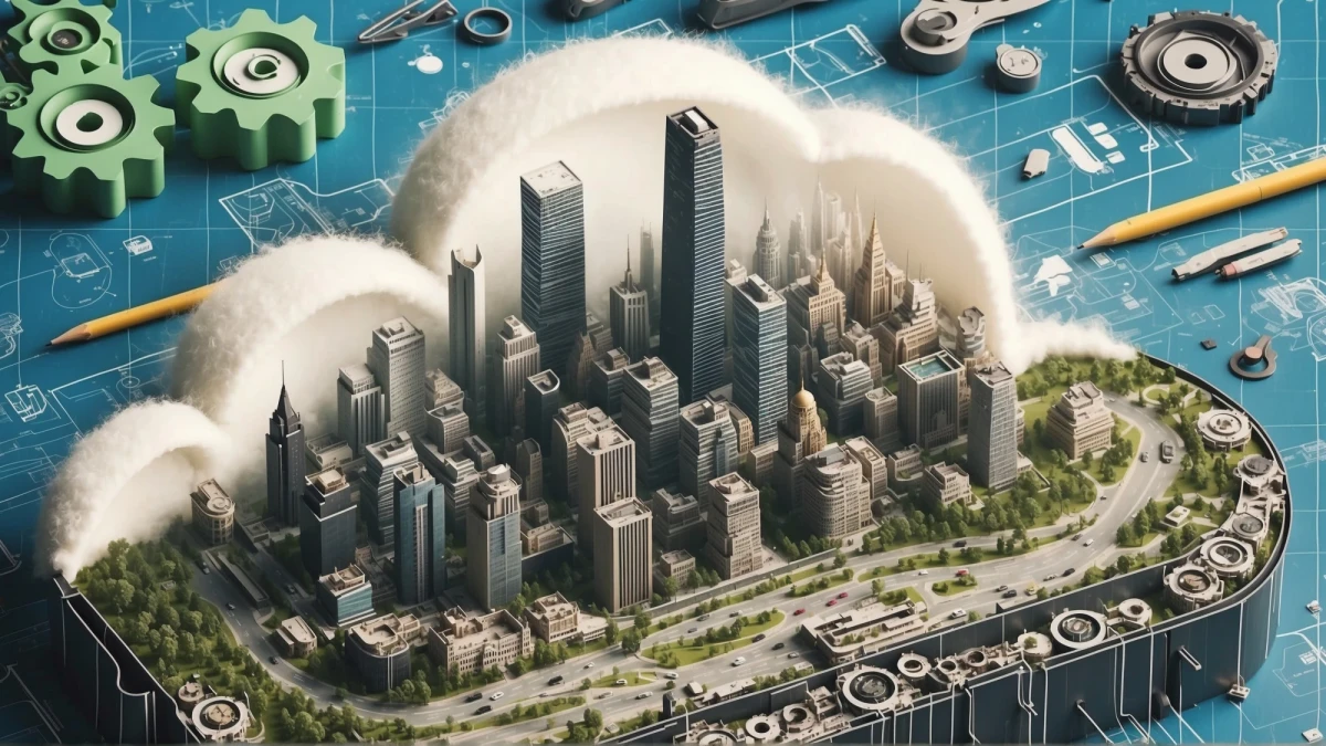 Eine KI genierte Stadt mit Hochh&auml;usern, welche von einer wei&szlig;en Wolke umrahmt ist | SPIRIT/21