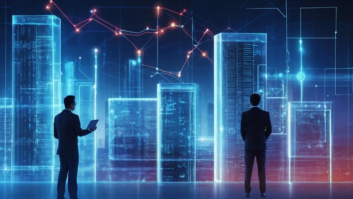 Zwei Gesch&auml;ftsm&auml;nner stehen vor einer holographischern Stadt und Linien verbinden die Geb&auml;ude | SPIRIT21
