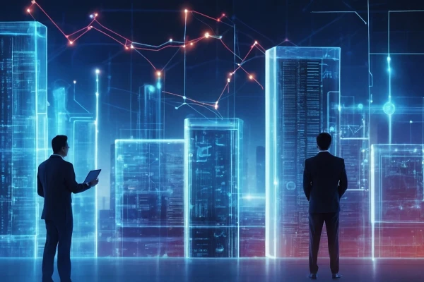 Zwei Geschäftsmänner stehen vor einer holographischern Stadt und Linien verbinden die Gebäude | SPIRIT21