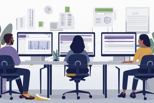 Blick auf drei Teammitglieder, die im Büro sitzen un remote an Computern arbeiten. Soll die Anpassungsfähigkeit von Dokumentenverwaltungstechnologien in hybriden Arbeitsumgebungen betonen | SPIRIT/21