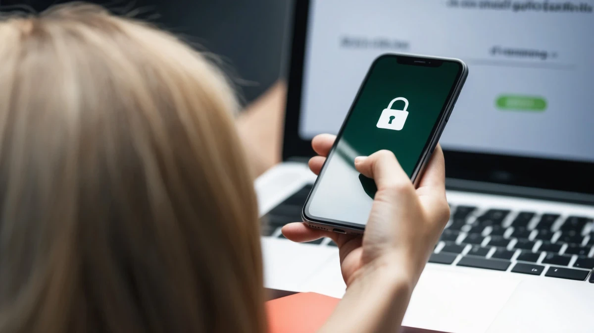 &Uuml;ber-die-Schulter-Blick einer Frau, welche vor einem Laptop sitzt und mit Hilfe Ihres Smartphones eine Zwei-Faktor-Authentifizierung durchf&uuml;hrt | SPIRIT/21