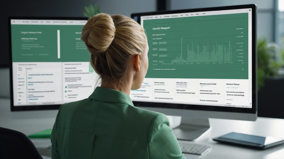 &Uuml;ber-die-Schulter-Blick einer Frau, die an einem Dokumentenverwaltungssystem arbeitet, das effiziente Gesch&auml;ftsprozesse erm&ouml;glicht  | SPIRIT/21