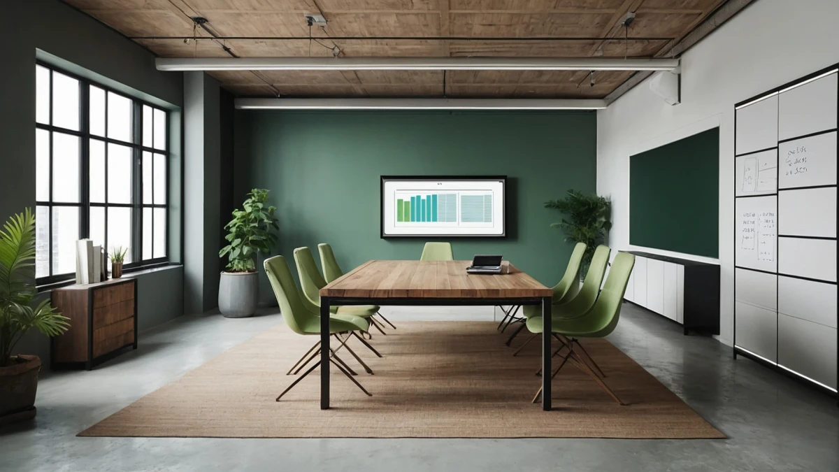 Leerer moderner Loft-B&uuml;robereich mit Holztisch mit Monitor an der Wand, welcher Statistiken zeigt. Auf dem Boden liegt ein brauner Teppich und es befinden sich Pflanzen im gesamten Raum.