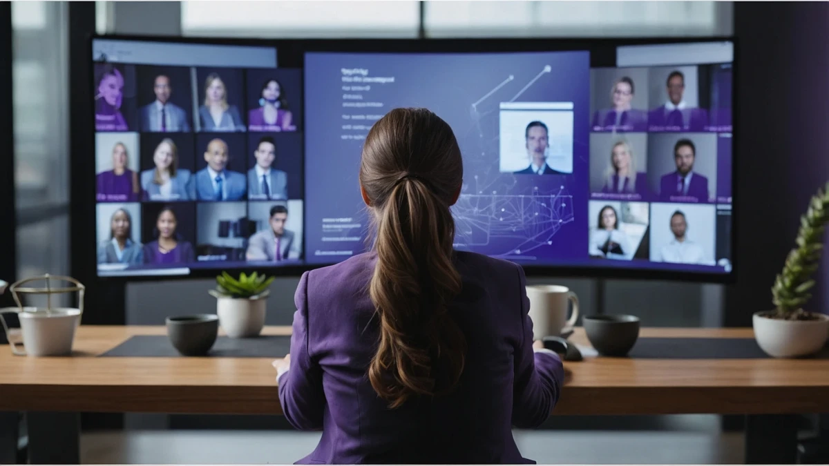 &Uuml;ber-die-Schulter-Blick einer Frau, die &uuml;ber ein Online-Video mit einer Gruppe von Gesch&auml;ftsleuten spricht | SPIRIT/21