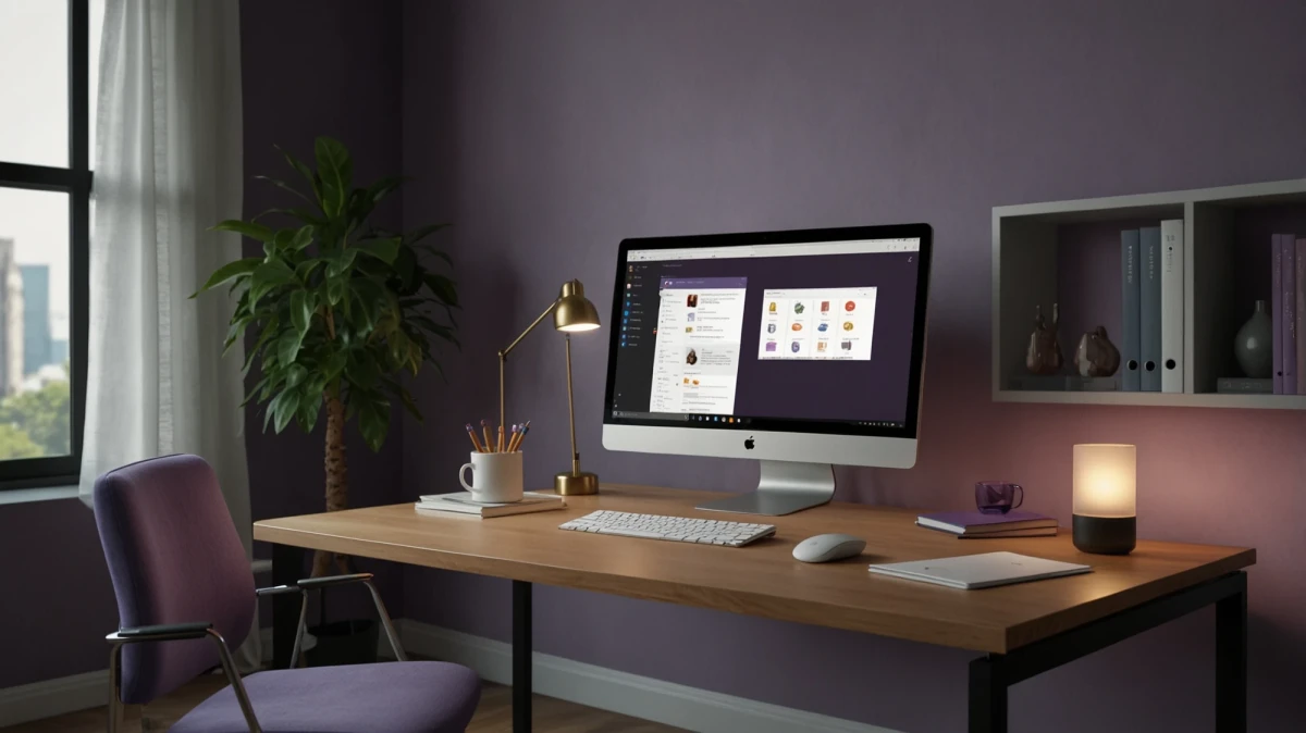 A modern and minimalistic office with new hardware and a video call on the desktop of the computer. | SPIRIT/21