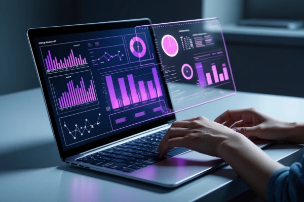 Image ist ein digitales Kunstwerk, das einen futuristischen Arbeitsbereich mit Schwerpunkt auf Technologie und Datenvisualisierung darstellt. Ein Laptop mit glattem, metallischem Design liegt aufgeklappt auf einem sauberen Tisch und zeigt eine holografische Benutzeroberfläche an. Die Oberfläche zeigt verschiedene Datendiagramme und Grafiken, darunter Balken- und Liniendiagramme, in leuchtenden Farben wie Lila. Der Hintergrund des Laptop-Bildschirms ist dunkel, um die Sichtbarkeit der holografischen Elemente zu erhöhen. Die Hände einer Person mit hellem Hautton interagieren mit dem Laptop und suggerieren, dass sie sich mit den digitalen Inhalten beschäftigt. Die Umgebung ist schwach beleuchtet, was eine moderne und technikaffine Atmosphäre schafft. Die Gesamtkomposition unterstreicht die Innovation und die Integration fortschrittlicher Technologie in das tägliche Leben.  | SPIRIT/21