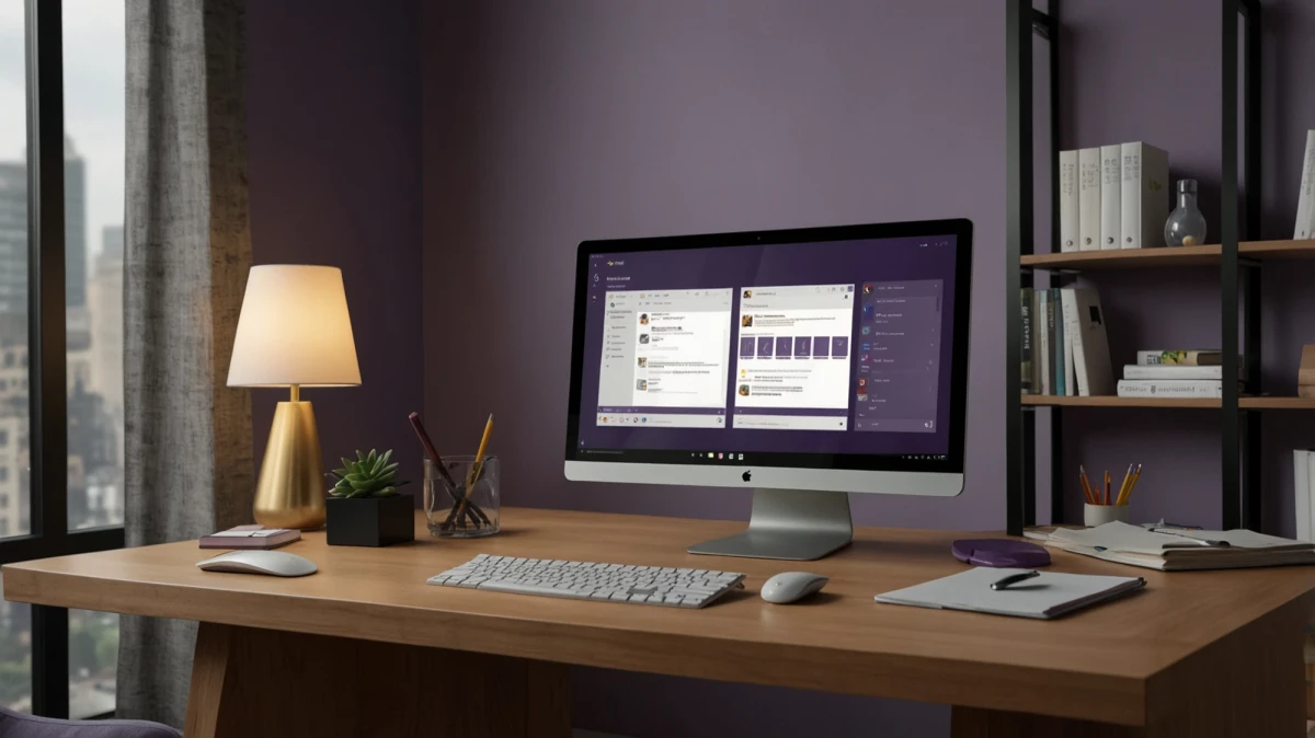 A modern and minimalistic office with a computer desktop on the desk