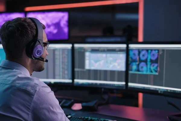 Ein Über-die-Schulter-Blick auf einen Mitarbeiter im technischen Kundensupport mit einem Headset vor einer Vielzahl von Bildschirmen | SPIRIT/21