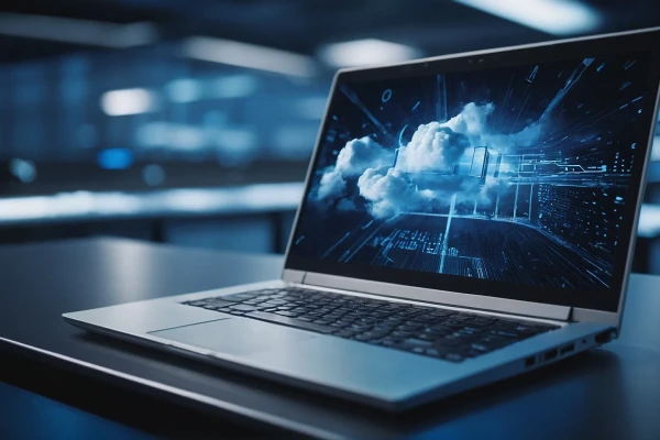 Ein Laptop steht inmitten eines Serverraums. Auf dem Display sind Wolken zu sehen | SPIRIT/21