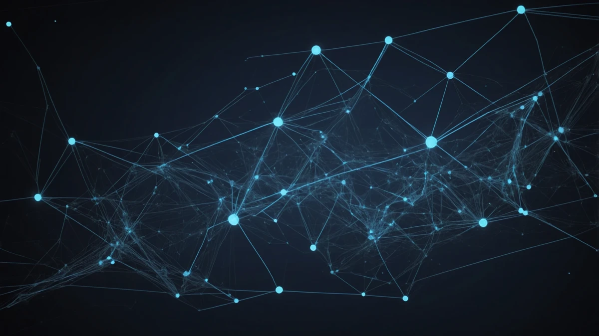 Abstrakte digitale Kunst mit einem Netz aus miteinander verbundenen Linien und Knoten auf einem dunkelblauen Hintergrund. Die Linien sind d&uuml;nn und hellblau und bilden geometrische Formen wie Dreiecke und Polygone, die eine netzartige Struktur bilden. | SPIRIT/21