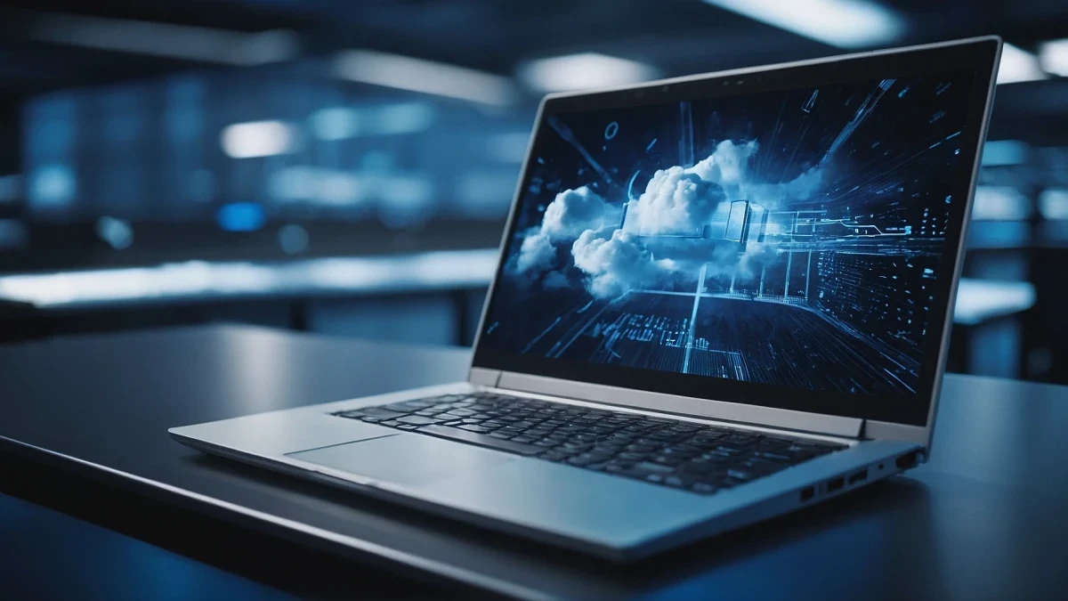 Ein Laptop steht inmitten eines Serverraums. Auf dem Display sind Wolken zu sehen | SPIRIT/21