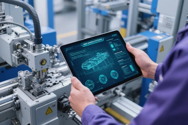 digital assembly process with tablet and factory machinery, workflow interface overlay, technician hands, modern UI, industrial automation, blueprint style, high tech, minimalistic design, blue / gray tones