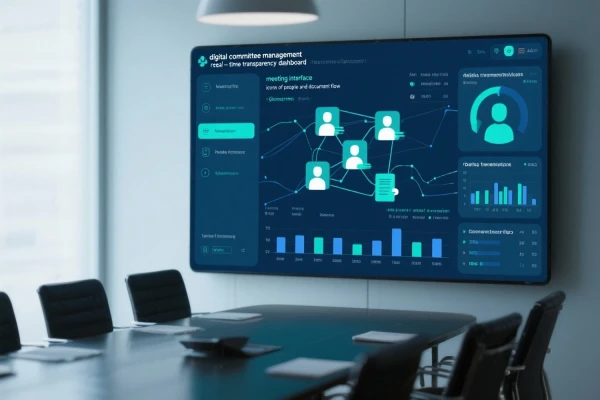 digital committee management, real-time transparency dashboard, meeting interface, icons of people and document flow, network lines, modern UI, governance, board meeting, data visualization, blue / teal tones, minimalistic style | SPIRIT/21